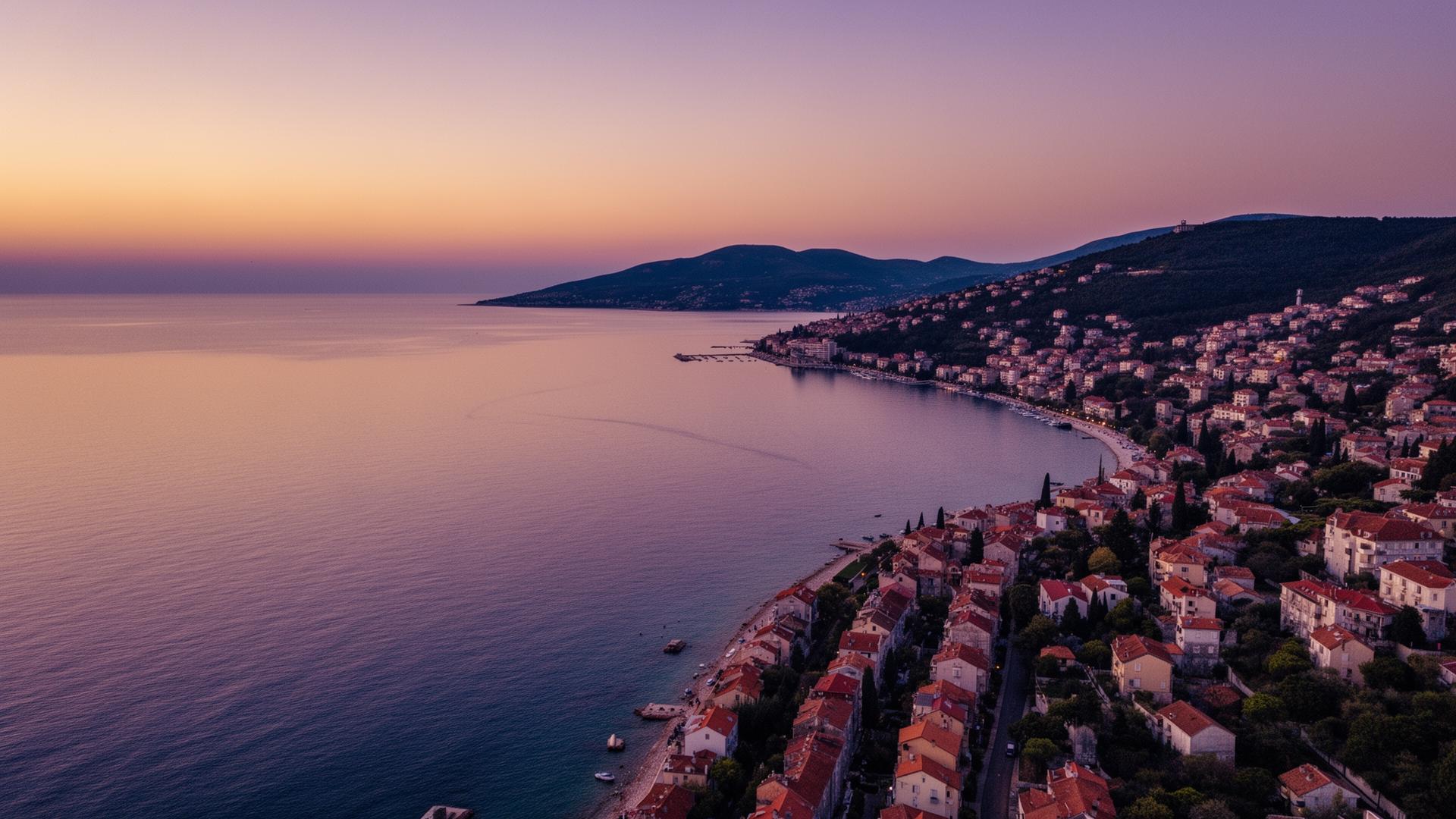 Aerial view of the Opatija coastline at dusk