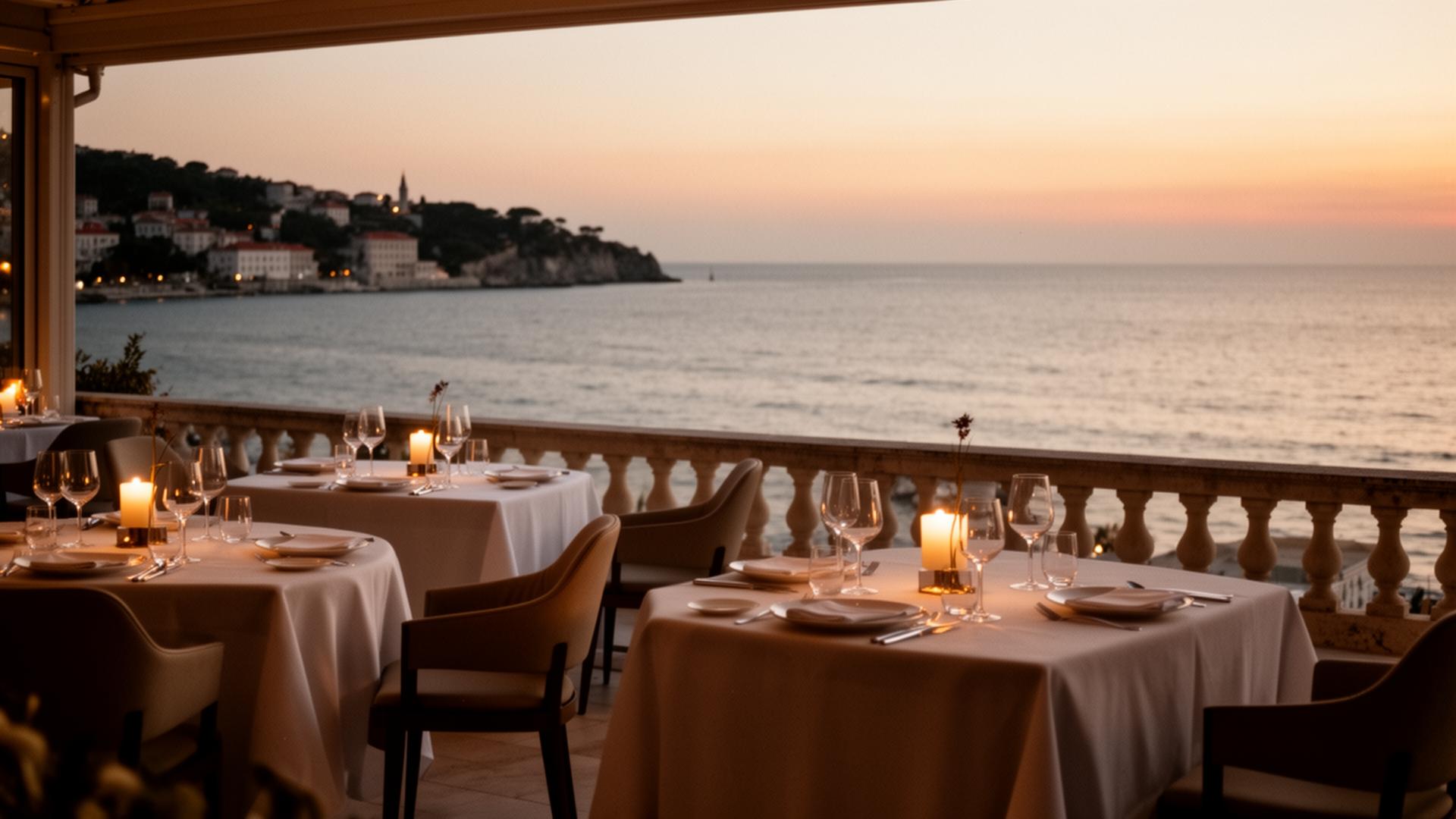 Coastal terrace dining at golden hour over the Adriatic in Opatija